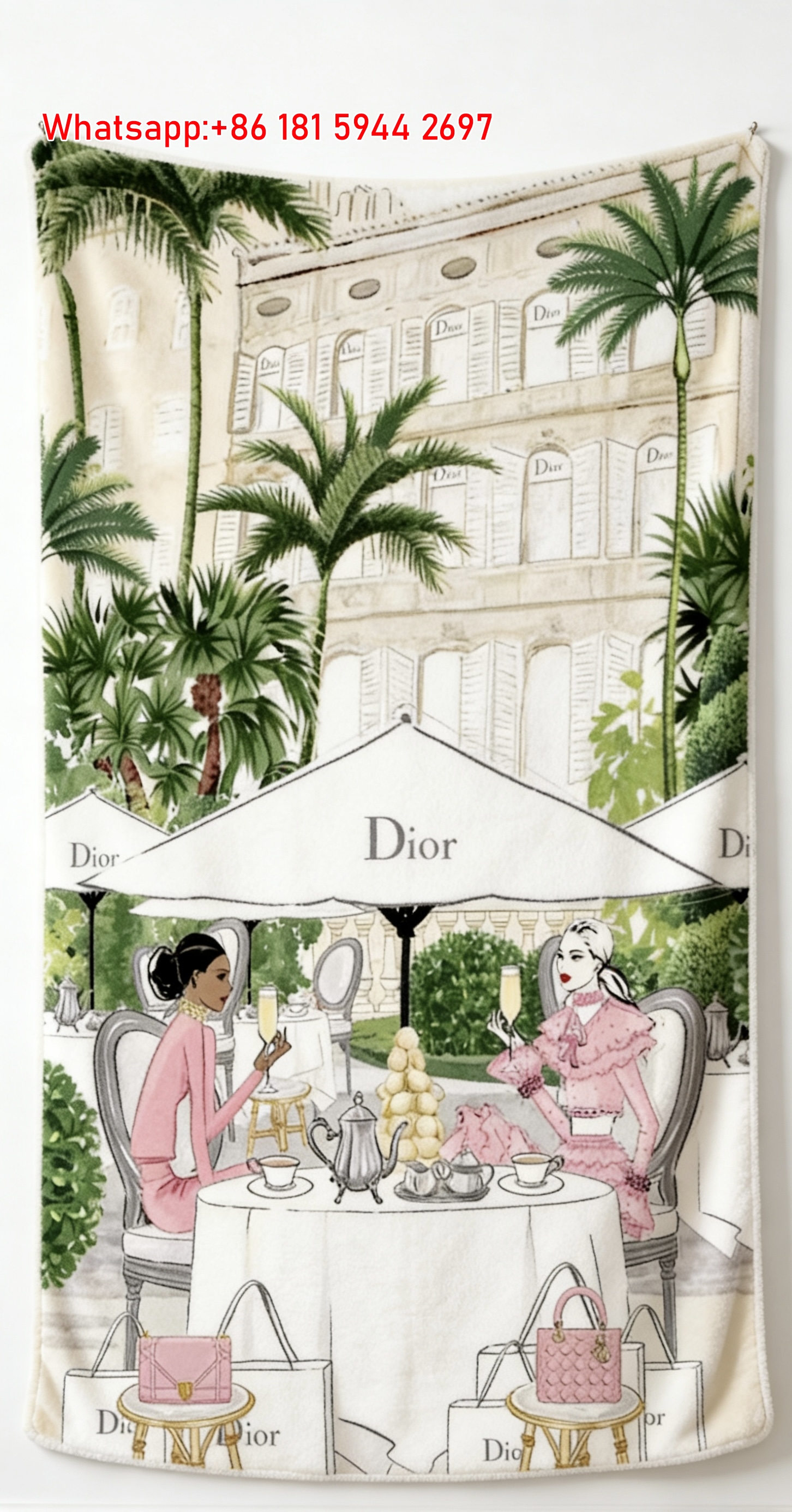 Dior Afternoon Tea Terrace Illustration Flannel Sofa Throw Blanket D381